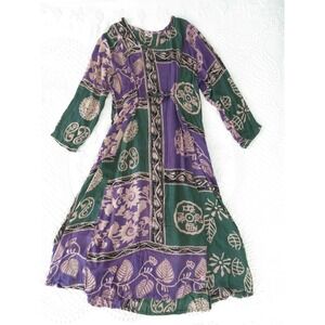 Las Manos Rayon Batik Maxi Dress XL Purple Green Floral Boho Indonesia Vintage